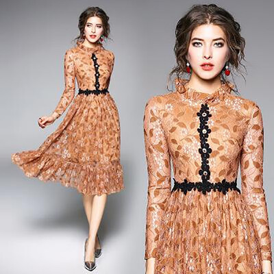 

M L XL XXL elegant new spring 2019 lace long dress women long sleeve beige flower vintage slim A line mid calf lady