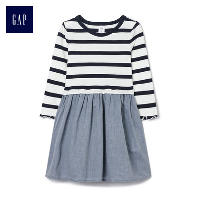 

GAP flagship store female cotton striped round neck long sleeve dress 356572 navy blue stripe 2YRS