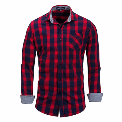 

New Casual Dress Shirt Men Long Sleeve Fashion Plaid Denim Shirt 100 Pure Cotton Brand Clothes