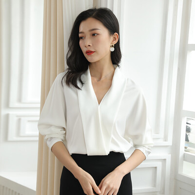 

Marc Rebecca Solid Color Loose Long Sleeve Shirt Spring&Summer New Satin Professional Chiffon Blouse Female 92001T White M Free Size