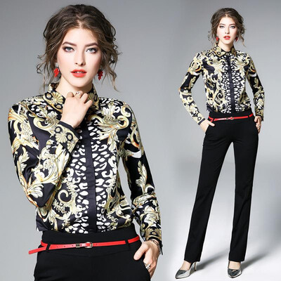 

M L XL XXL vintage new spring 2019 women blouse shirt long sleeve black gold digital print office top lady
