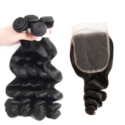 

Allove Remy Hair Brazilian Human Hair Weave Remy Hair Loose Wave Hair 4pcs Bundles with Lace Closure Virgin Cheap Hair Extensions