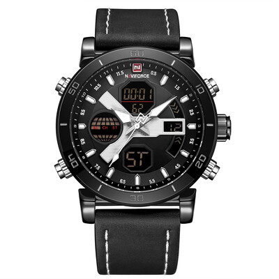 

NAVIFORCE Men Quartz Fashion Casual Sports Wristwatch Dual Time Analog Digital Display Watch 3ATM Water Resistant Leather Strap Ba