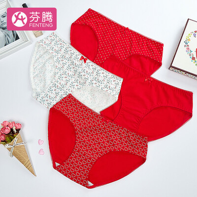 

Fen Teng 2019 new print bow lace comfortable cotton briefs women four belts waist underwear U800A050 red red red bottom white point white L