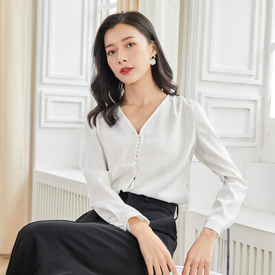 

Marc Rebecca V-neck commuter solid color fashion beaded long-sleeved shirt female satin top 92003T white