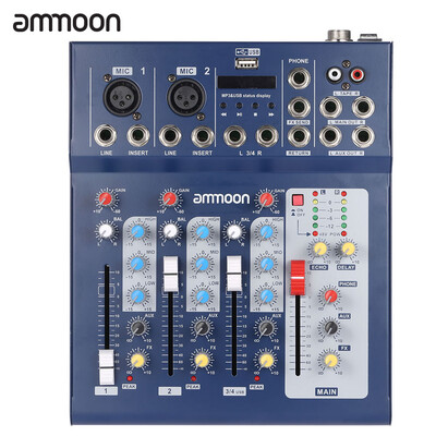 

ammoon F4-USB 3 Channel Digital Mic Line Audio Mixing Mixer Console with 48V Phantom Power for Recording DJ Stage Karaoke Music Ap