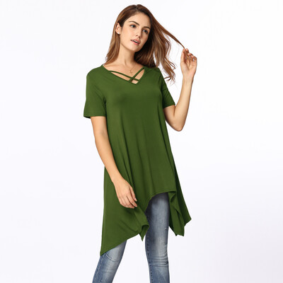 

Sexy Women Asymmetric T-Shirt Criss Cross V Neck Short Sleeve Blouse Solid Loose Casual Tunic Top BlackGreyArmy Green