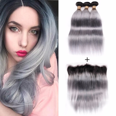 

Nami Hair Ombre Brazilian Virgin Hair Straight Color T1BGrey 3 Bundles With Lace Frontal Closure Free Part 100 Human Hair Extens