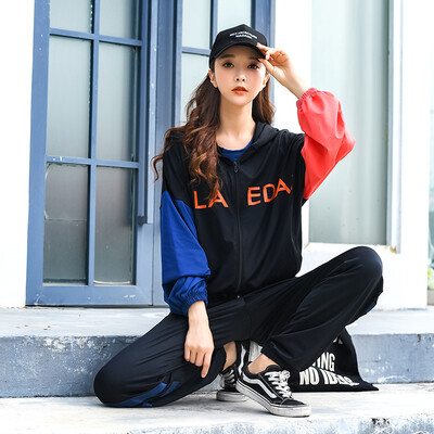 

Colorful 2019 new hit color hooded womens sportswear suit loose thin yoga clothes running long-sleeved pants suit black