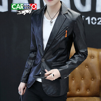 

Cartier crocodile CARTELO suit 2019 spring new mens small suit trend PU leather suit jacket single west casual clothes 306B-2XF88 black L