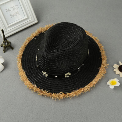 

New Fashion Women Straw Hat Daisy Rivet Belt Wide Brim Summer Sun Beach Cap Panama Hat BlackKhaki