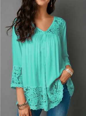 

7 Colors plus size Women Casual Solid Color Lace Deep V Neck T-Shirt Tops 34 Sleeves Sexy Autumn Slim Fit Irregular Pullover