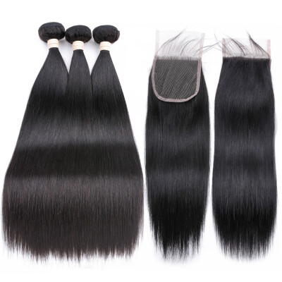 

BEAUDIVA Straight Hair 3 Bundles With Closure Brazilian Human Hair Weave Free Part