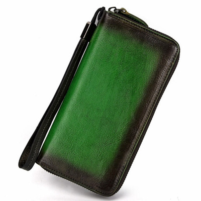 

Retro women wallet genuine leather rub color purse female zipper wallet with wristlet strap long for coinphonecredit card packag
