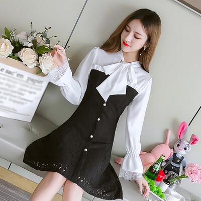

JOY OF JOY Jingdong womens 2019 new Korean version of the temperament small fresh waist lace stitching fake two-piece dress female JWQZ191358 black