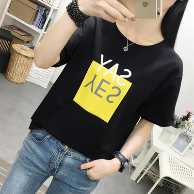 

JOY OF JOY Jingdong Womens 2019 Short Sleeve Fashion T-Shirt Female Korean Small Fresh Tops Letter Print Short Sleeve T-Shirt Women JWTD191799 Black M