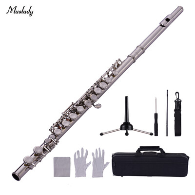 

Muslady 16-Hole Flute C Key Cupronickel Material Silver Plated Wind Instrument with Flute Stand Cleaning Cloth Gloves Mini Screwdr