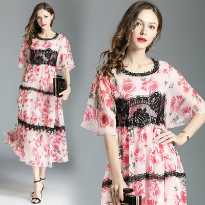 

DFYOP Summer Wear New Womens European And American High-end High Quality Rose Printed Lace Dress