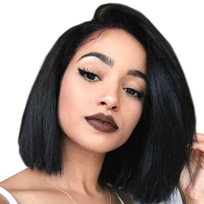 

150Density Human Hair Short Yaki Bob Lace Wigs for women 1B Black Side Part Brazilian Short Bob Full Lace Wigs 8A