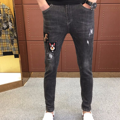 

2019 New Tide Men Tape Black Washing Cat Suits Fashion Foot Young Mens Foot Jeans