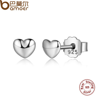 

BAMOER 100 925 Sterling Silver Petite Plain Hearts Stud Earrings for Women Silver Small Earrings Fine Jewelry brincos PAS441