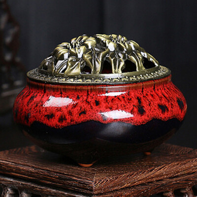 

Ceramic Ice Crack Porcelain Aromatherapy Diffuser Sandalwood Censer With Copper Cover For Buddhist Relax Porcelain Incense Burner