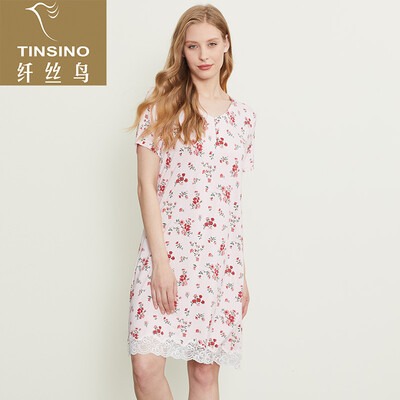 

Filament bird TINSINO ladies printed half-sleeve skirt Austrian blue fine viscose fabric soft breathable home service pajamas rose pink flower  16595