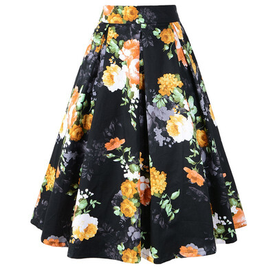 

Hepburn cotton plaid printed retro skirt large swing high waist pleated skirt