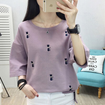 

JOY OF JOY Jingdong Womens 2019 Summer New Short Sleeve Student Loose Korean T-Shirt Womens Round Collar Cartoon Cat Top Women JWTD191864 Purple