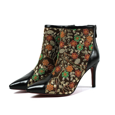 

Womens High Heeled boots Chelsea boots Embroidered Silk Zip Stiletto Fashion Boots Martin boots