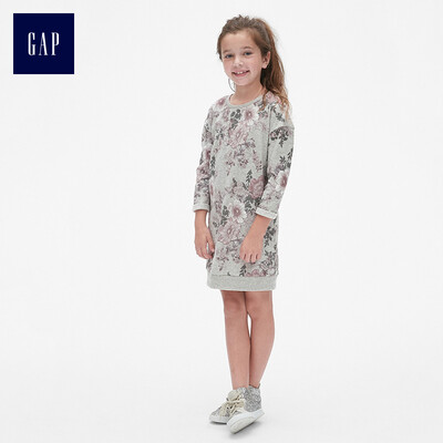 

GAP flagship store girls flower print long sleeve straight dress 398390 light hemp gray