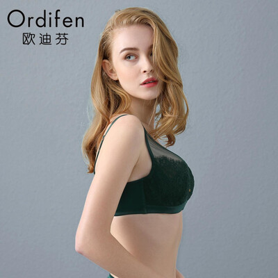 

Ou Difen thin section bra 2019 spring&summer thin section mesh underwear female bra bra lace sexy gathered on the bra XB9302 algae green B75