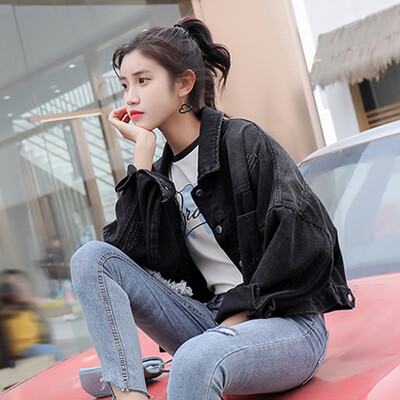 

JOY OF JOY Jingdong womens 2019 new Korean bf student short embroidery denim jacket female loose spring&autumn female JWWT191442 black S