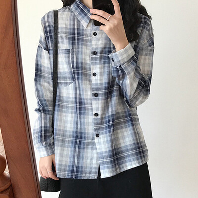 

JOY OF JOY Jingdong Womens 2019 Early Spring New Han Fan Loose Plaid Chic Top Hong Kong Style Long Sleeve Shirt Women JWCC191335 Blue M