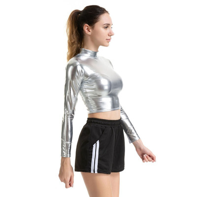 

New Women Faux Leather PU Tee Top Long Sleeve T shirt Turtleneck Slim Sexy T-shirt
