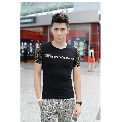 

New Korean version of the tide mens casual mens short-sleeved T-shirt simple printed Slim half sleeve