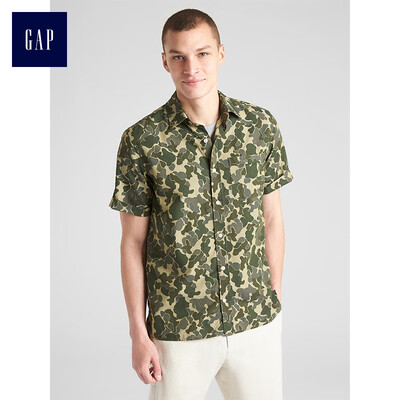 

GAP flagship store mens cotton camouflage printed short-sleeved shirt 299802 green camouflage S