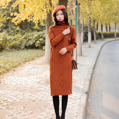

Autumn&winter turtleneck women with a thick&loose size to show thin&long wool dress over the knee sweater dress