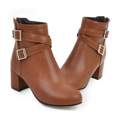 

IDIFU Womens Stylish Buckled Cross Strap Round Toe Medium Block Heel Ankle Boots with Side Zipper
