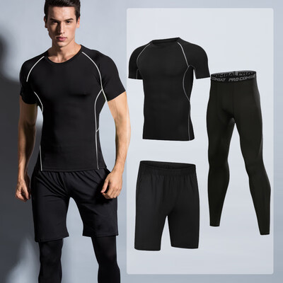 

Hui Ang sports suit mens fitness clothing yoga clothing tights quick-drying running training basketball clothing elastic compression clothing mens fitness clothing gray line black three-piece M code