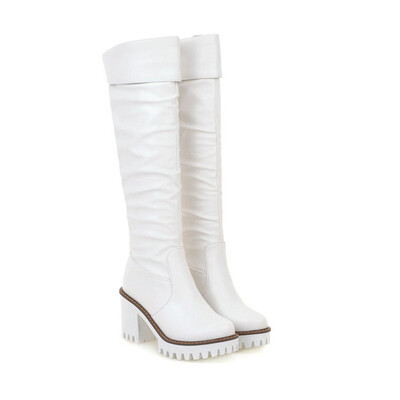 

IDIFU Womens Trendy Plain Round Toe High Block Heel Platform Knee High Biker Boots