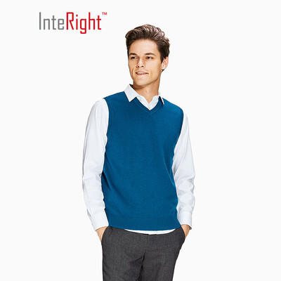 

INTERIGHT full wool mens business casual V-neck wool vest Tibetan blue
