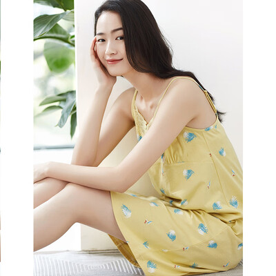 

Top melon melon pajamas women cotton print can be worn outside lace comfortable breathable nightdress home skirt 2019 spring&summer new zy92320jd yellow short sleeve 160