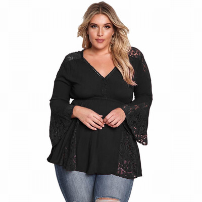 

Solid color V-neck horn long-sleeved lace Plus Size casual top