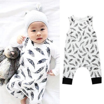 

0-24M Sleeveless Baby Boys Feather Pattern Jumpsuit Outfis Kids Romper Playsuit