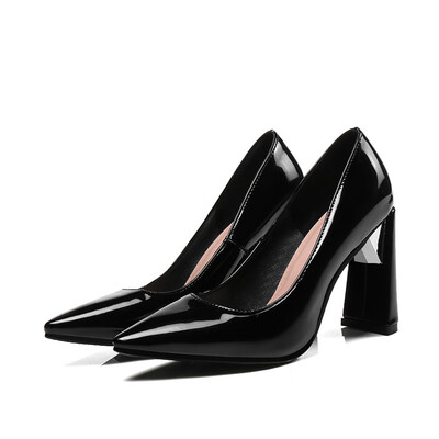 

IDIFU Womens Chic Pointed Toe Pump - Low Cut Solid Color - Slip on Cut out Block High Heels Work Shoes