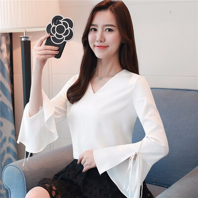 

2018 New Women Chiffon Blouse Sexy V neck Flare Sleeve Loose Casual Shirt OL Tops
