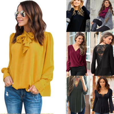 

Women Ladies Tie Neck Loose Blouse Long Sleeve Casual Shirt Autumn Tops Work-out