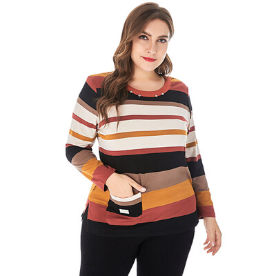 

Large Size Colorful Stripes Jewel Neck Shoulder Pad Long Sleeves Women T-shirt