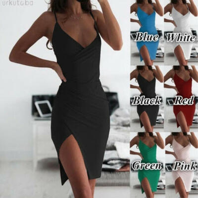 

Summer New Sexy Spaghetti Strap Package Hip V Neck Bodycon Club Party Dress